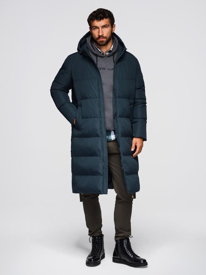 Classic men's long hooded jacket - navy blue V2 OM-JALJ-0269