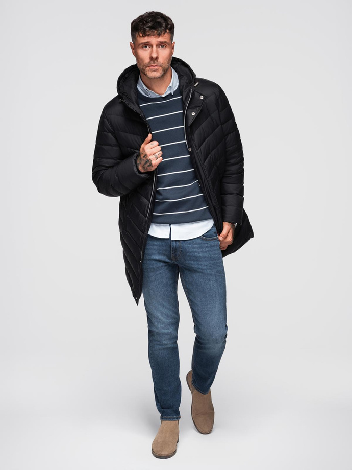 Men's long quilted jacket with natural filling - black V1 OM-JALJ-0212