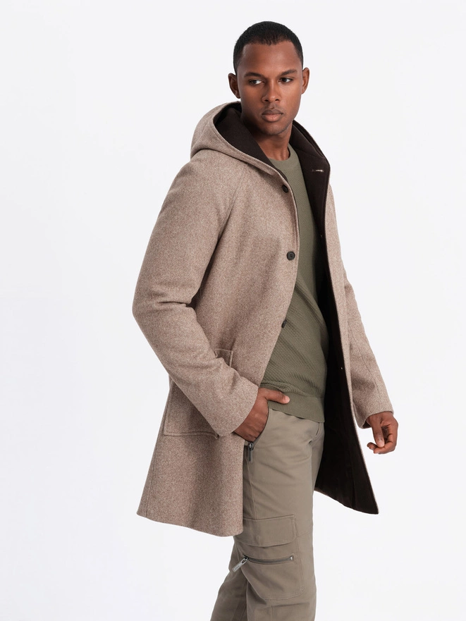 Men's melange long coat with hood - grey V1 OM-COWC-0122