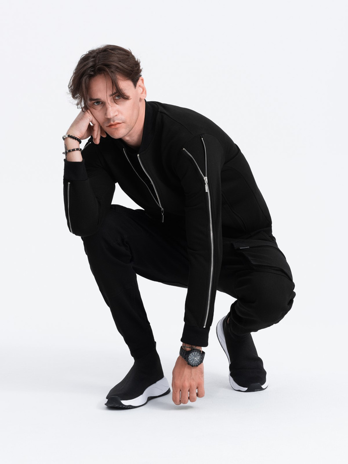 Men's bomber jacket with decorative zips on sleeves AMSTERDAM - black B1367