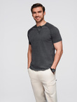 Men's T-shirt with wash effect and buttons at neckline - black V1 OM-TSWT-0150