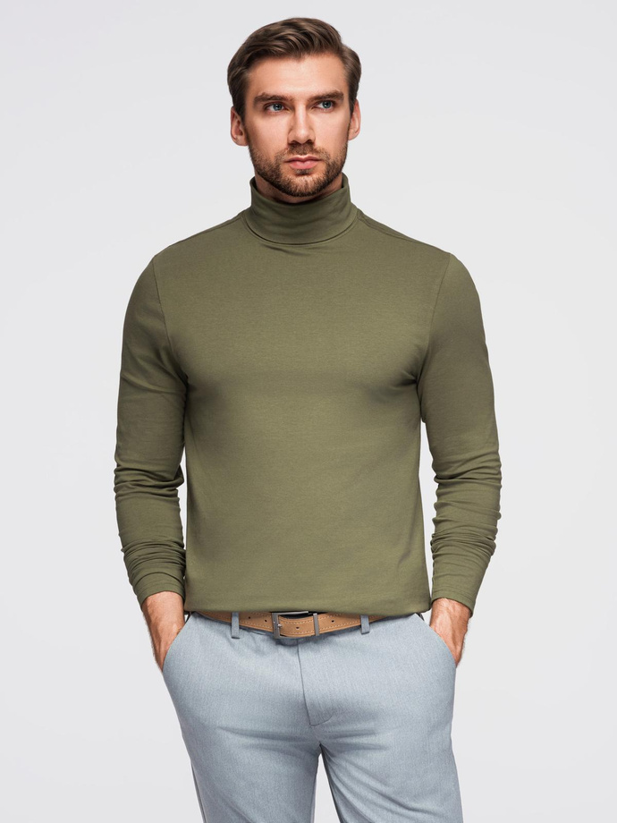 Men's plain turtleneck longsleeve - dark olive green V4 OM-LSCL-0130