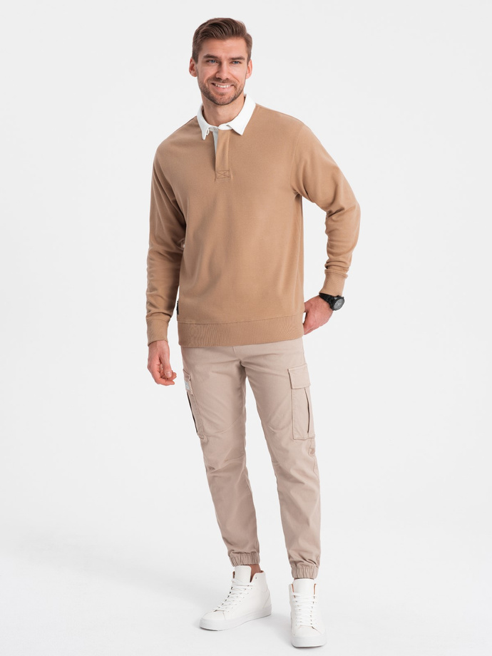 Men's sweatshirt with white polo collar - light brown V8 OM-SSNZ-0132
