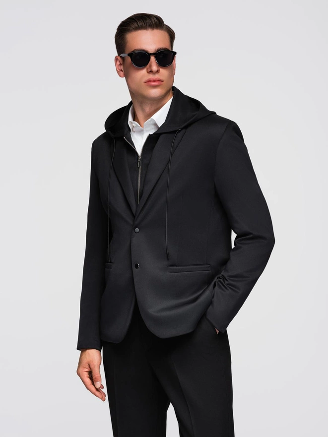 Men's blazer with detachable underlining and hood - black V1 OM-BLZB-0126