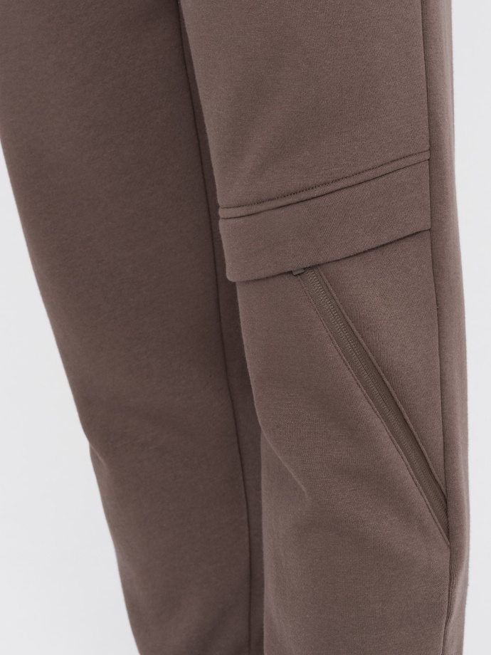 Men's sweatpants with stitching and zipper on leg - brown V4 OM-PASK-0147