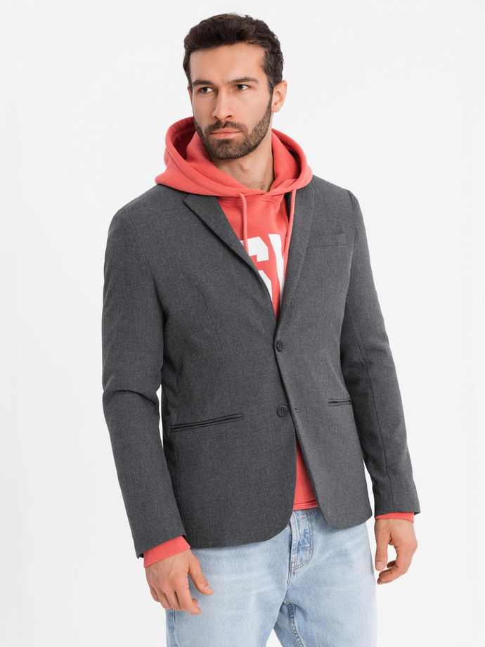 Elegancka marynarka męska z dekoracyjnymi guzikami na mankietach -  grafitowa V1 OM-BLZB-0114