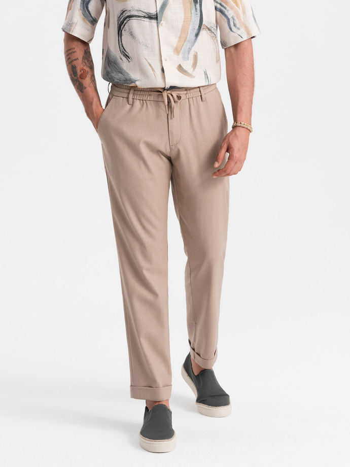 Men's linen blend rolled up chino pants - light brown V3 OM-PACP-0198