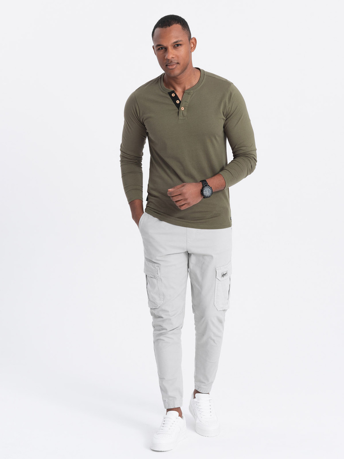 Men's longsleeve with buttons at the neckline - dark olive V1 OM-LSCL-0107