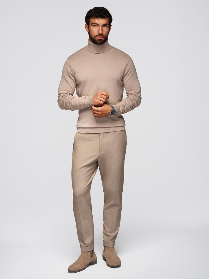 Men's knitted fitted turtleneck with viscose - beige V5 OM-SWTN-0101