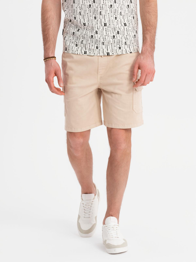 Men's cotton cargo shorts with elastic waistband - beige V3 OM-SRCG-0190