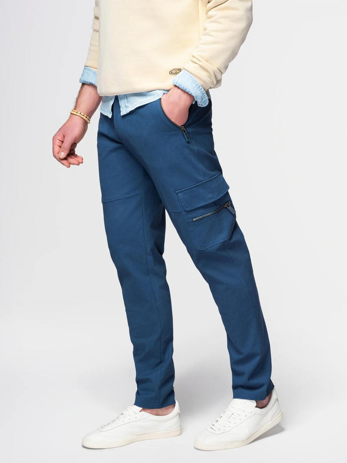 Men's STRAIGHT LEG cargo pants with zippered pockets - dark blue V1 OM-PACG-0204