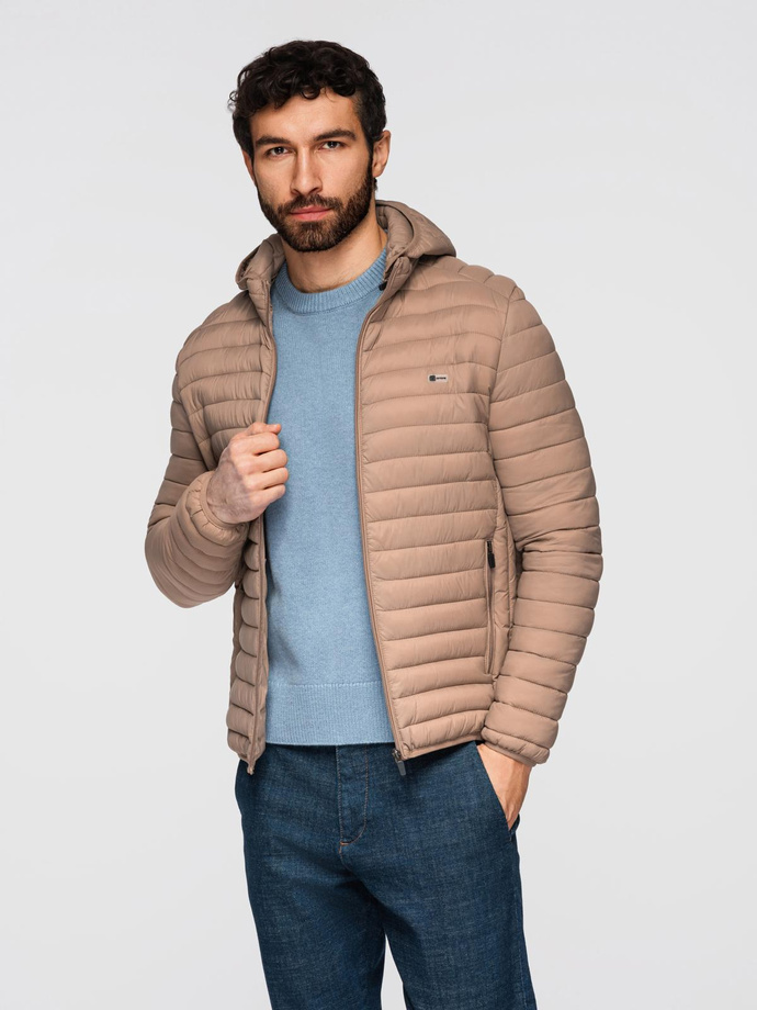 Męska kurtka pikowana pakowana w worek - brązowa V4 OM-JALP-0156