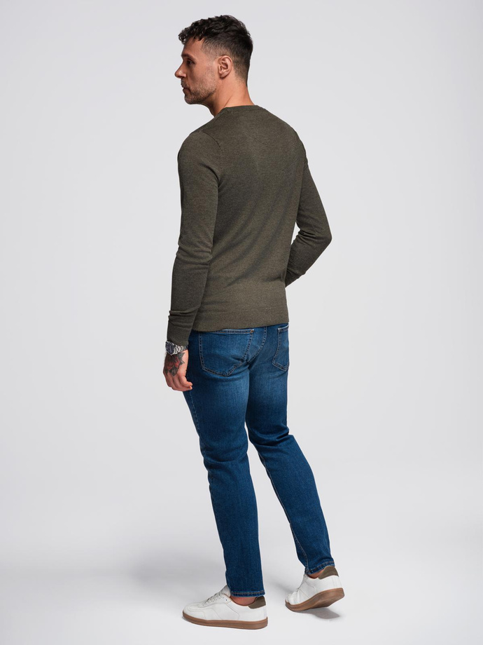 Men's BASIC viscose classic sweater with round neckline - olive melange V17 OM-SWBS-0106