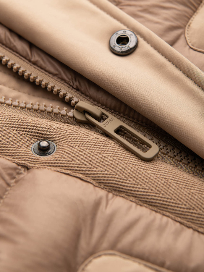Men's long quilted jacket with large pockets - beige V2 OM-JALJ-0165