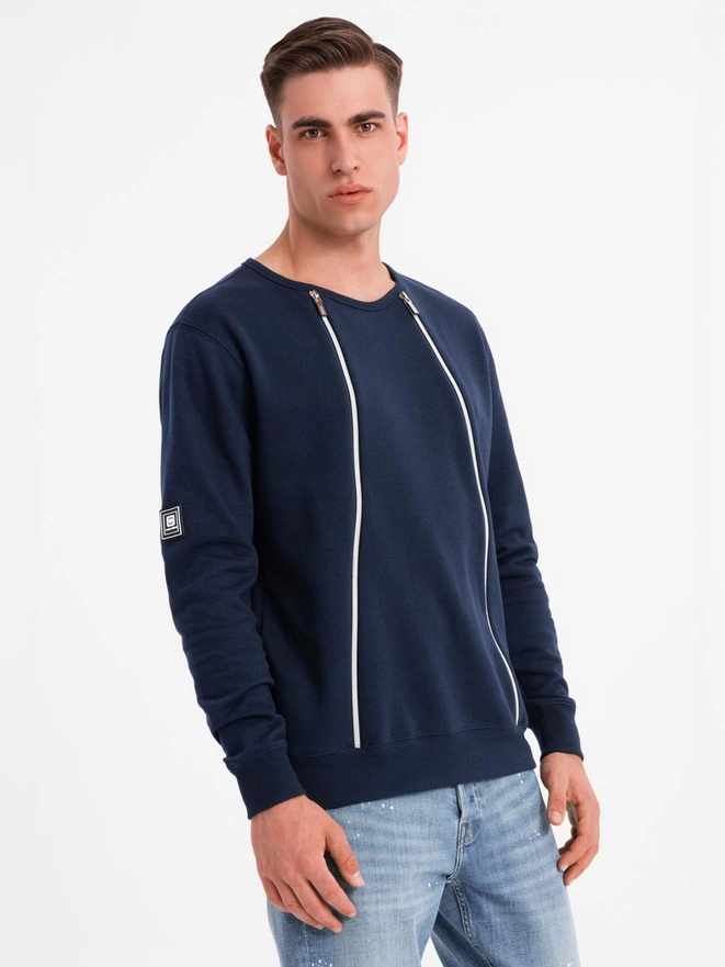 Men's sweatshirt with decorative zips on the front - navy blue V2 OM-SSNZ-0187