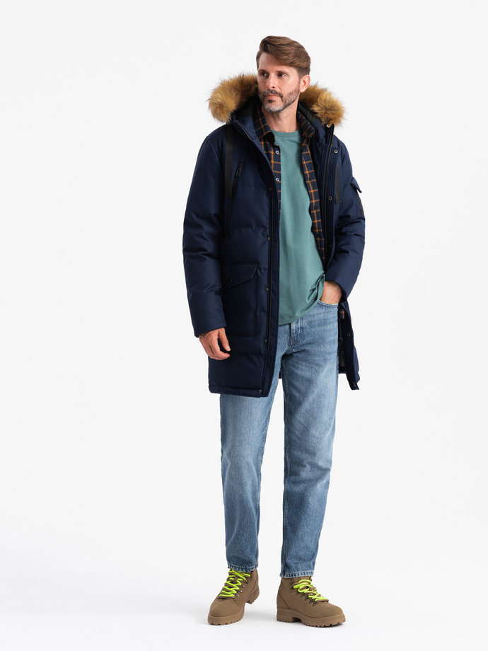 Men's long warm parka hooded jacket - navy blue V1 OM-JALJ-0182