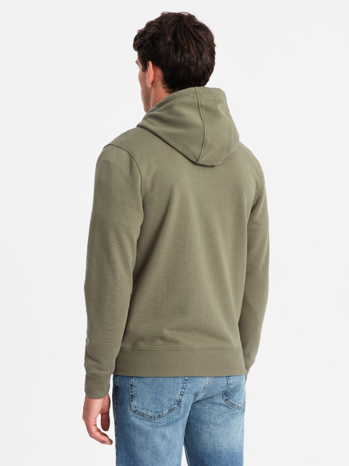 Unzipped men's sweatshirt with hood and patch - olive V4 OM-SSZP-0140