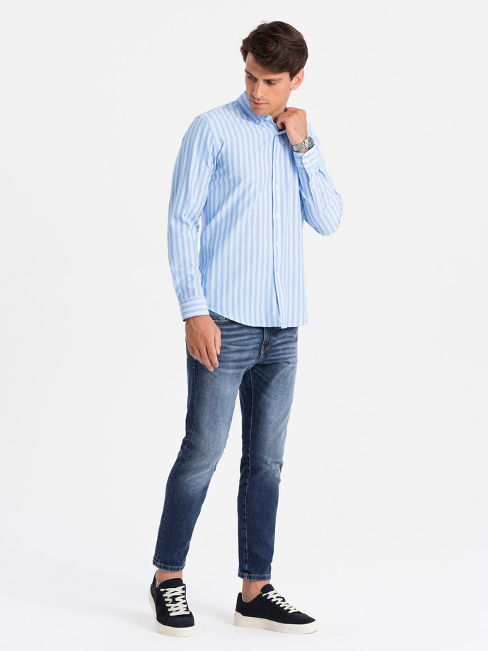 Men's REGULAR FIT shirt in white stripes with pocket - blue V2 OM-SHOS-0171