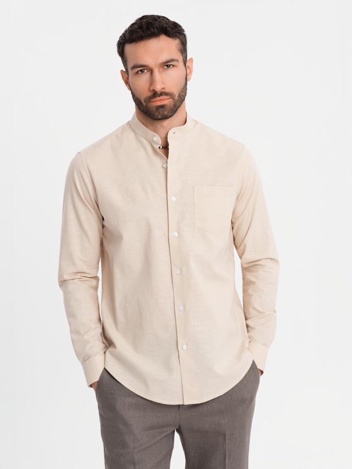 Koszula męska lniana ze stójką i kieszenią REGULAR FIT – kremowa V3 OM-SHCS-0161