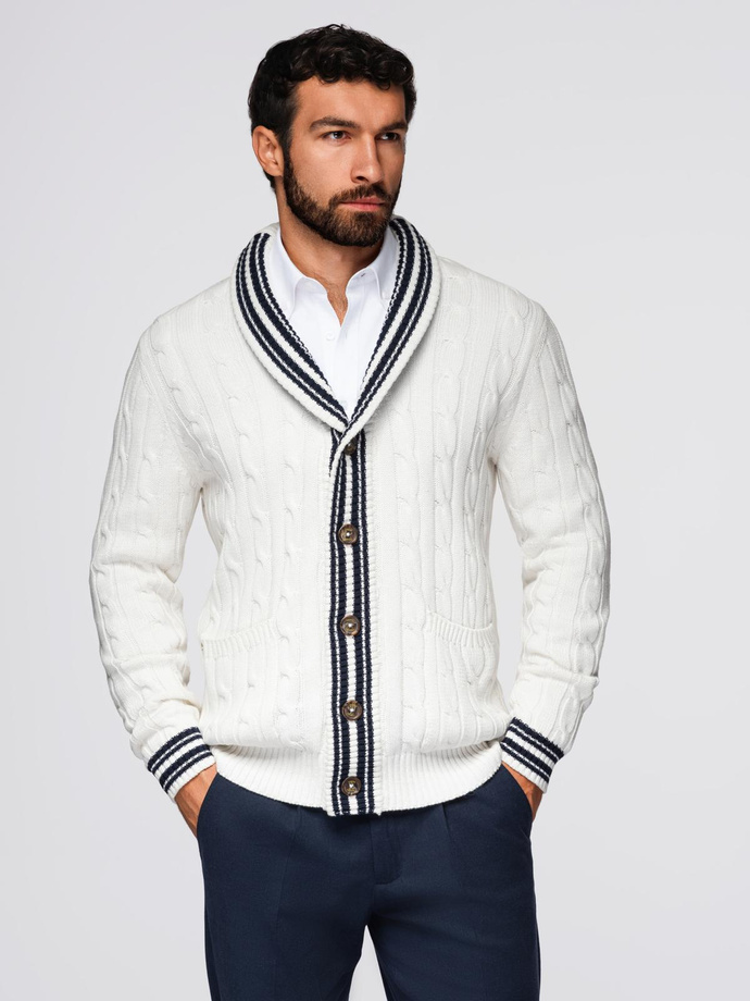 Knitted monochrome men's viscose cardigan - navy blue V1 OM-SWCD-0126 
