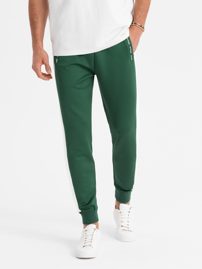 Men's sweatpants joggers with contrasting stripes - dark green V7 OM-PASK-0229