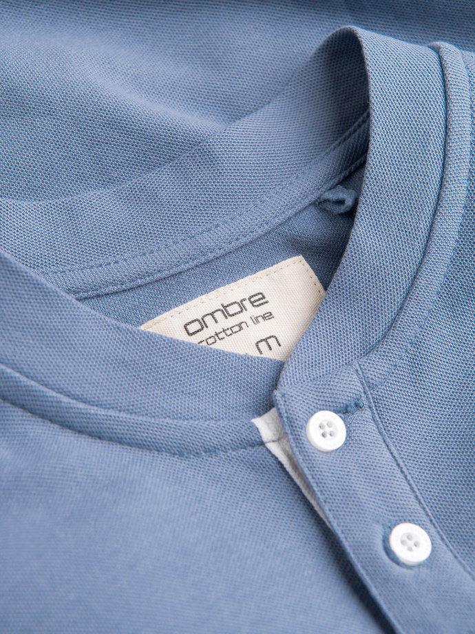 Koszulka męska polo bez kołnierzyka - niebieska V3 OM-TSCT-0156