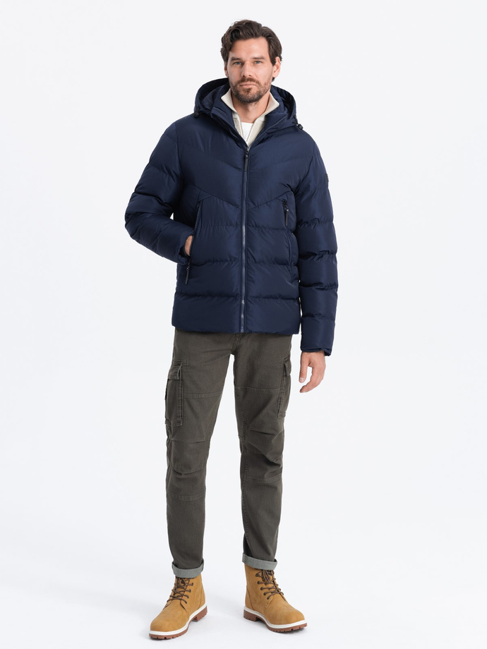 Men's winter jacket with unusual quilting - navy blue V4 OM-JAHP-0127