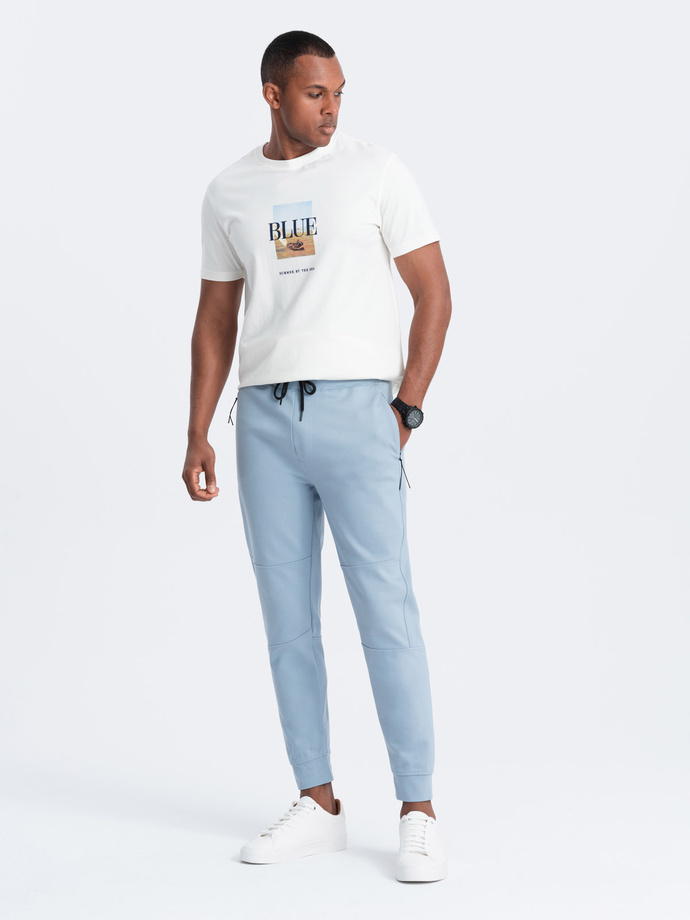 Men's sweatpants joggers on elastic with stitching - light blue V2 OM-PASK-0142