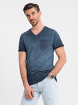 Bawełniany męski t-shirt V-neck z dzianiny z efektem sprania - granatowy V7 OM-TSWT-0242