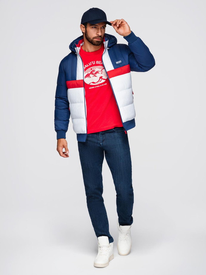 Kolorowa sportowa męska  kurtka w stylu retro – niebiesko-biała V1 OM-JALP-0296