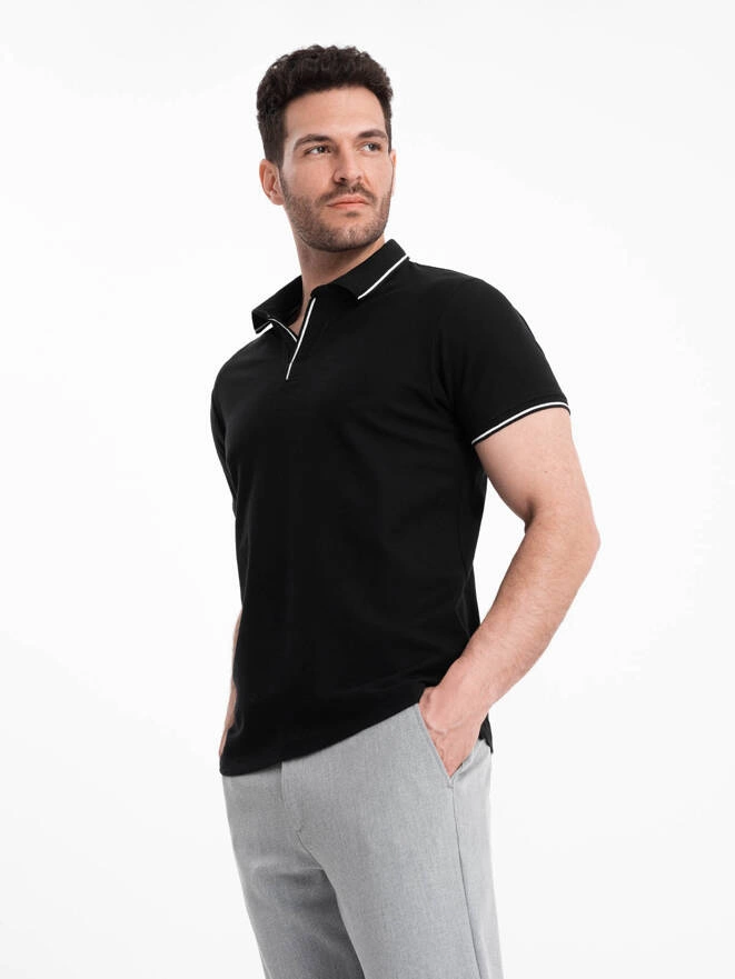 Men's pique knit polo shirt without buttons - black V2 OM-POSS-0110