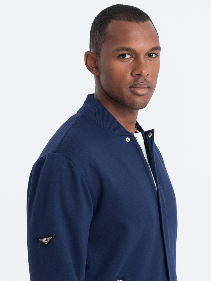 Men's unbuttoned bomber sweatshirt - dark blue V2 OM-SSZP-22FW-011