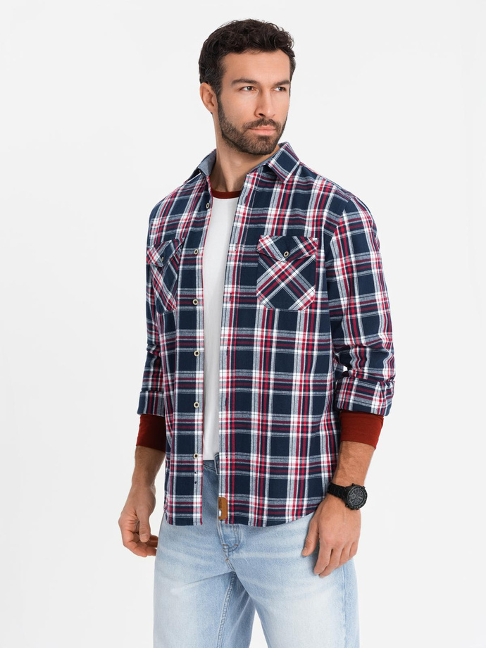 Męska koszula flanelowa z zapinanymi kieszeniami - czerwono-granatowa OM-SHCS-0137