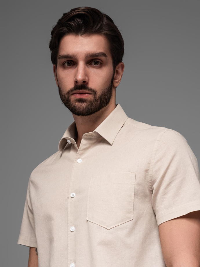 Men's short-sleeved linen-cotton shirt with pocket - beige V4 OM-SHSS-0167