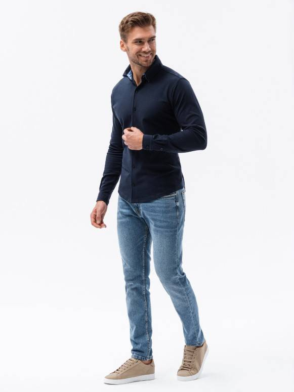 Men's long sleeve knit shirt - navy blue V2 K540