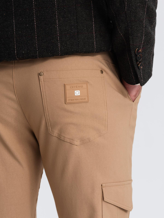 Men's REGULAR fabric pants with cargo pockets - light brown V4 OM-PACG-0178