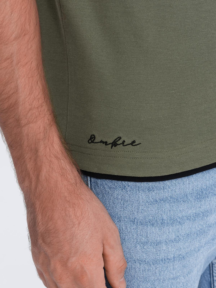 Męska bawełniana koszulka polo z kontrastowymi wykończeniami – oliwkowa V6 OM-POSS-0113