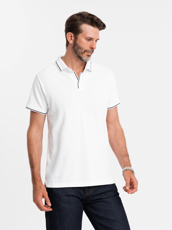 Koszulka męska polo z dzianiny pique bez guzików - biała V1 OM-POSS-0110