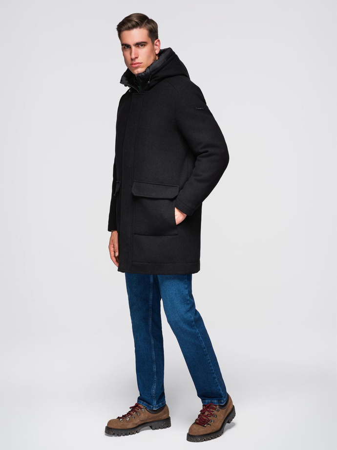 Men's insulated coat with hood and concealed zipper - black V1 OM-COWC-0110