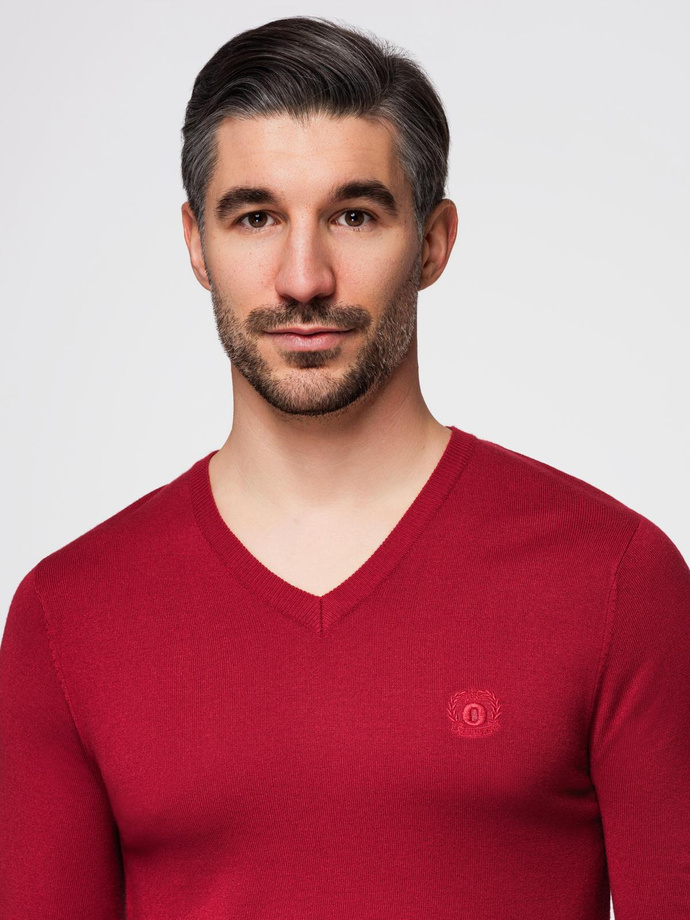 Men's elegant V-neck BASIC sweater with viscose - red V20 OM-SWBS-0107