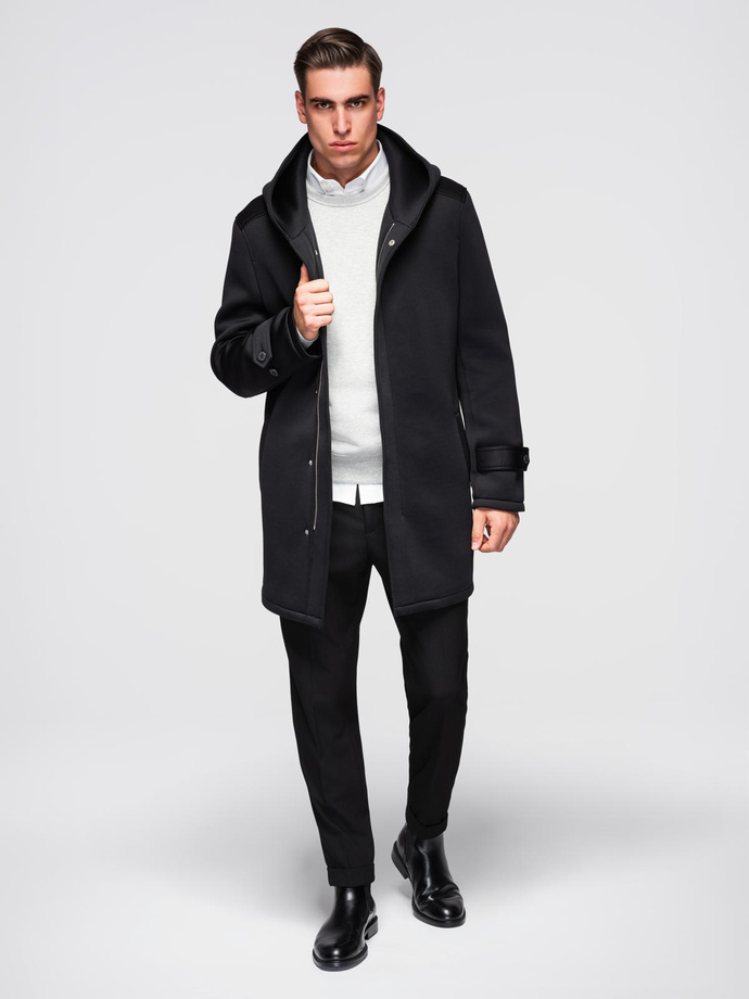 Men's minimalist medium length coat with hood - black V4 OM-COLC-0144