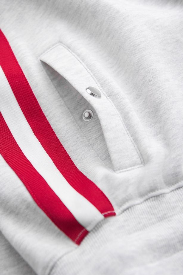 Męskie spodnie dresowe z lampasami i ściągaczami na nogawkach – szary melanż V1 OM-PASK-0258