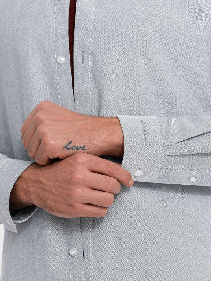 Elegancka koszula męska oxford z haftem – jasnoszara V2 OM-SHOS-0172