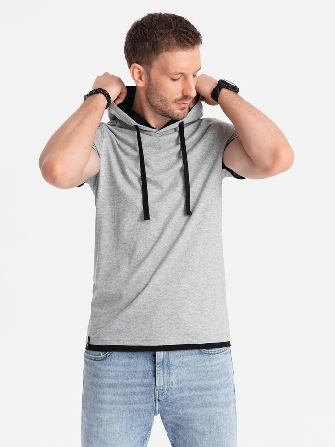 Casual men's cotton hooded t-shirt - grey melange V8 OM-TSCT-22SS-001