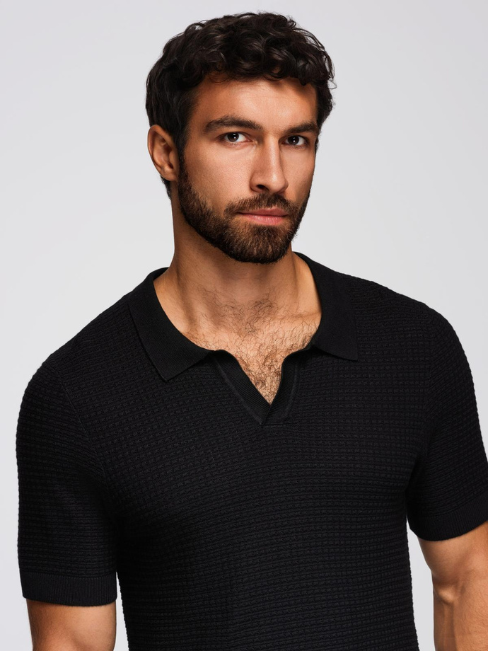 Men's knitted unbuttoned polo shirt - black V3 OM-POSS-0157
