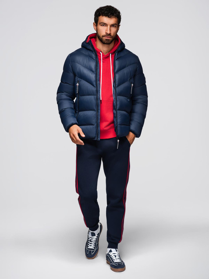Modern men's quilted jacket of combined materials - navy blue V2 OM-JAHP-0303