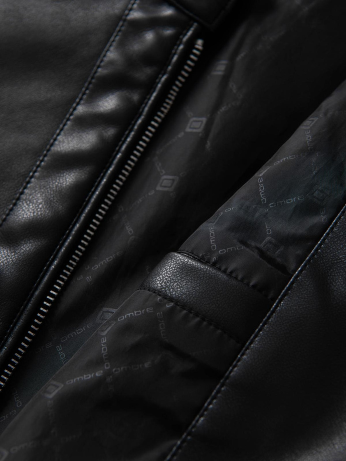 Men's faux leather jacket with ribbed bottom hem - black V2 OM-JAFL-0109