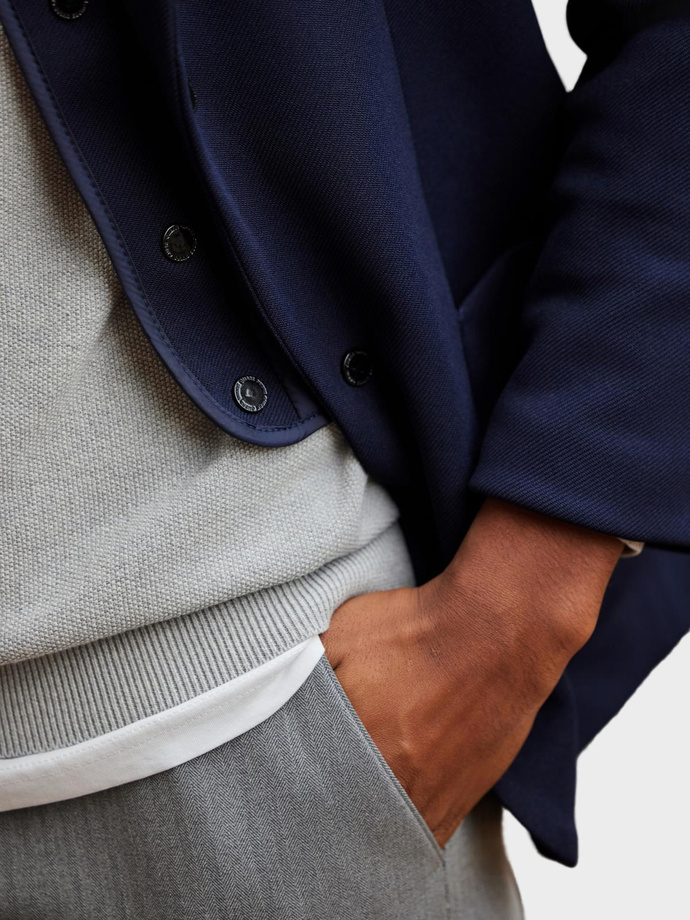 Men's jacket with hooded lining and high collar - navy blue V3 OM-BLZB-0133