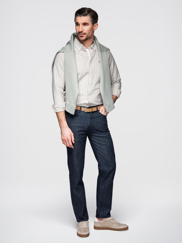 Bawełniana koszula męska REGULAR FIT w drobne paski – beżowa V1 OM-SHOS-0170