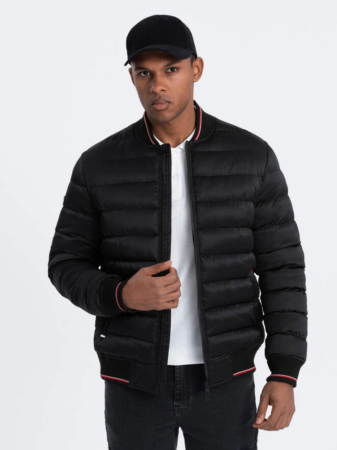 Men's satin-finish bomber jacket with contrasting ribbed cuffs - black V1 OM-JALP-22FW-007